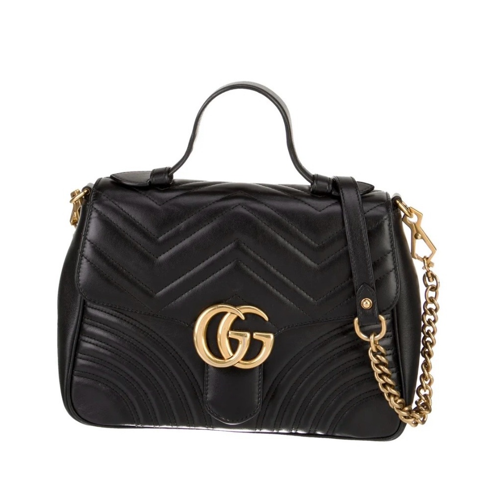 Gucci : Calfskin Matelasse Medium GG Marmont  Top Handle Shoulder Bag in Black